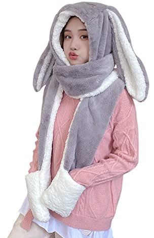 Wintermütze Damen Mädchen Schalmütze mit Hasenohren Kunstfellmütze Flauschig Warm Plüschmütze Schalhut Handschuhe Thermo Mütze Winterschal Niedlich Winterhut für Fahrrad Motorrad Wandern Grau