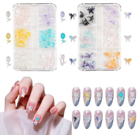 3D Butterfly Nail Charms,2Boxes 12Grids Butterfly Tulip Nail Art Charms,Resin Nail Charms and Gems Nail Supplies for Nail Art Design Decoration Jewelry Accessories DIY Crafts (D Pattern)