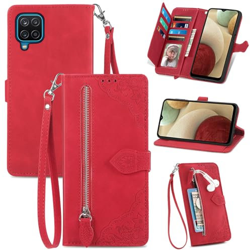 JayModCase Handyhülle für Samsung Galaxy A12 5G / M12, PU Leder Magnetverschluss Handytasche, mit Reißverschlusstasche Ständer Kartenfächer Hülle Kompatibel mit Samsung M12 - Rot