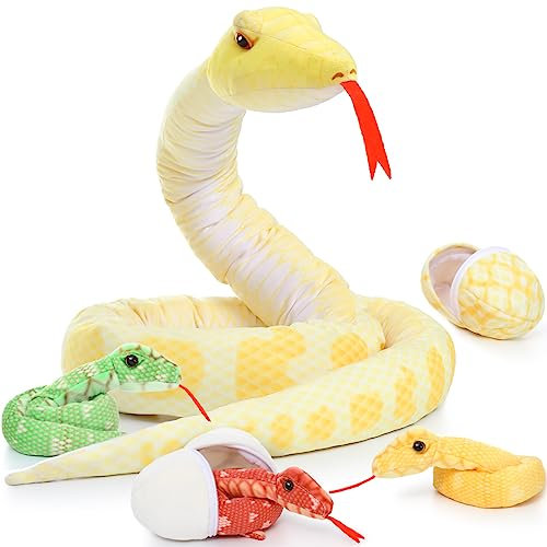 MorisMos Groß riesen Plüsch-Schlange Kuscheltier XXL,200cm lang Gelb Kuschelschlange mit 3 Baby im Bauch, riesen Kobra Plüschtier als Geschenk für Kinder