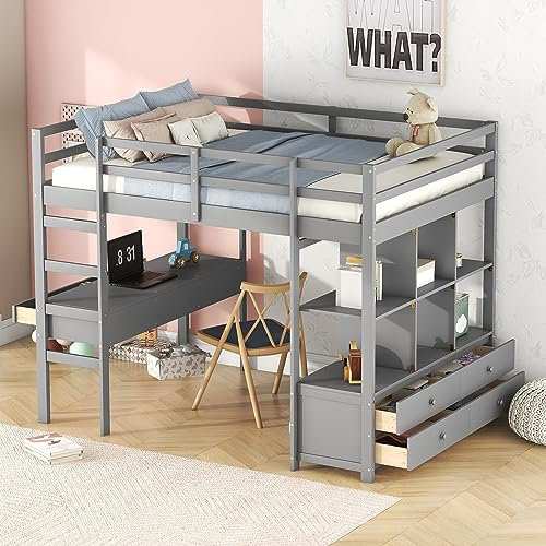 Modernes Hochbett aus Kiefernholz mit Schreibtisch und Schubladen 140x200 Grau