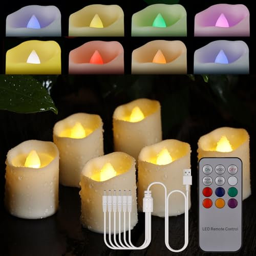 BOWKA 6Stk. wiederaufladbare LED Teelichter kabellos Kerzen mit Fernbedienung Timer und USB-Ladekabel Flammenlose Flackernde kerzen für Outdoor Party Garten Weihnachten Hochzeit Deko (Bunt, 6 Stück)