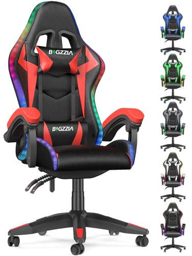 bigzzia Ergonomique Chaise Gaming avec éclairage LED Effets, Dossier Hauteur Réglable, Fauteuil Gaming LED avec Lombaire&Appui-Tête Appui, Chaise de Bureau Adultes Enfants (avec LED Effets, Rouge)