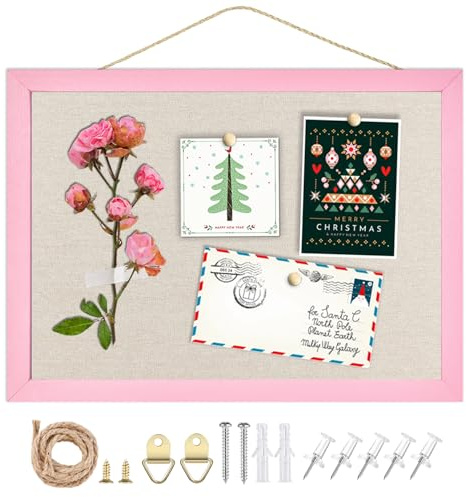 Linen Bulletin Board,10.2x14.2 Pink Wood Frame Bulletin Boards,Beige Linen,Small Pin Board for Home Kitchen Office Decorative(PK-2636)