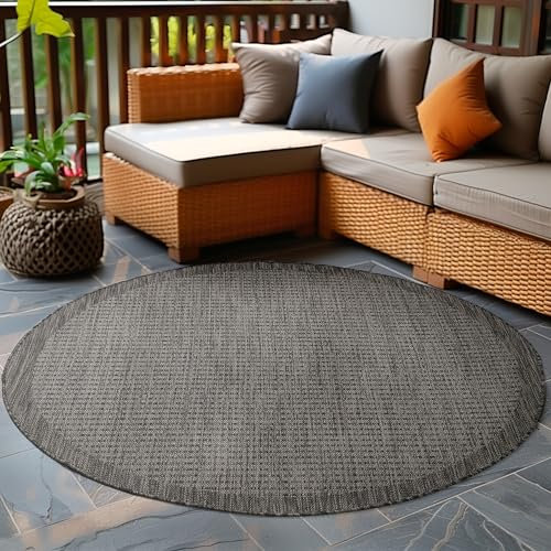 Carpetsale24 In- & Outdoor Teppich Wetterfest 200 cm Rund Einfarbig Schwarz - Waschbar, Wasserfest, Pflegeleicht und Flachgewebe - Ideal für Balkon, Garten, Terrasse und als Küchenteppich