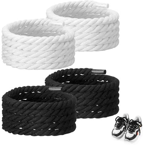 Luinabio 2 Paar Rund Dicke Schnürsenkel Set Enthalten Schwarz Rope Laces und Weiß Fat Laces 150cm Baumwolle Schuhbänder für Sneaker Laufschuhe Segeltuchschuhe 8mm Fat Schnürsenkel für DIY Schuhbänder