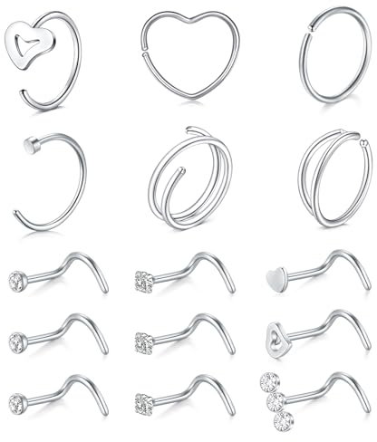 MODRSA 20G Silver Nose Stud Screw Nose Ring Hoop Women Stainless Steel Corkscrew Nose Studs Heart Nose Hoop Rings Nostril Piercing Jewellery 15PCS