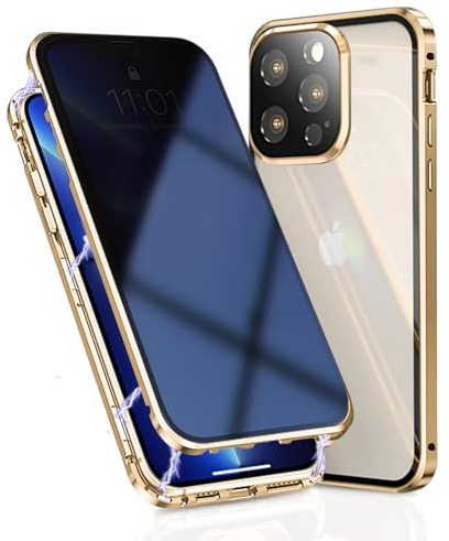 OMGZONE Privacy Case for iPhone 16 Pro Magnetic Cover,Screen Protector built-in Anti-peep Tempered Glass Full Cover with Camera Protector,360 Degree Metal Bumper Case for iPhone 16 Pro,Gold