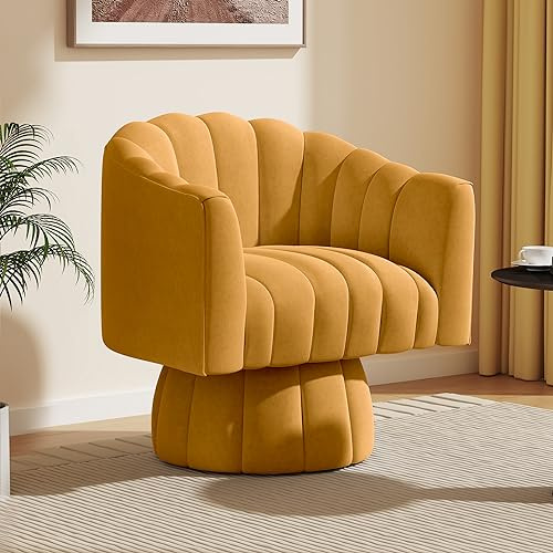 VANTEN Mid Century 360 Degree Swivel Cuddle Barrel Accent Sofa Chairs, Round Armchairs with Wide Upholstered, Fluffy Velvet Fabric Chair for Living Room, Bedroom, Office, Waiting Rooms, (Mustard)