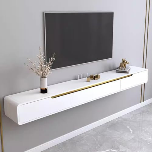 Schwimmender TV-Ständer Wandmontierter TV-Schrank mit 1 Türen und 2 Schränken Modern Glänzend Lack Unterhaltung Medienkonsole Zentrum Große Lagerung TV Sofa für Wohnzimmer und Büro, Weiß-180x20x24cm