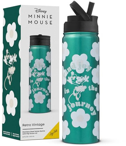 JoyJolt Disney Retro Vintage Stainless Steel Water Bottle ft Minnie Mouse, Reusable 22oz Vacuum Insulated Water Bottle Tumbler with Leak Proof Flip Straw Lid and Handle, Lead & BPA Free