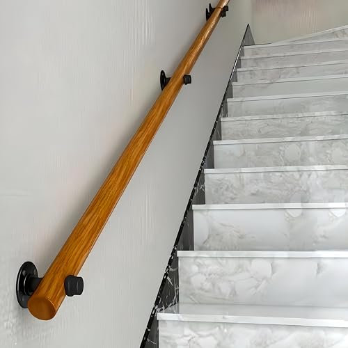 Pasamanos Escalera Pasamanos de madera 30-600cm con soportes, Varilla de soporte de barandillas de escalera antideslizante (D, 220cm)
