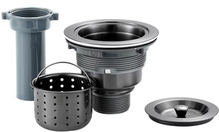 OUGOO 3-1/2-inch Kitchen Sink Drain, Stainless Steel Removable Deep Basket Strainer, Black Sink Drain with Tailpiece