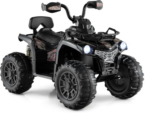 GYMAX Kids Electric Quad Bike, 12V Battery Powered Toy Car with Music, Lights, MP3, USB, Storage Basket, Forward and Backward, Children Ride on ATV for 3-8 Years Old Boys Girls (Black)