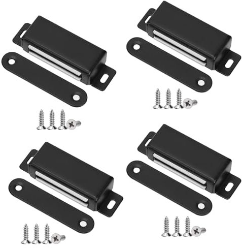 Swpeet Lot de 4 loquets magnétiques en acier inoxydable noir avec assortiment de vis, loquets de porte magnétiques solides pour porte de cuisine, placard, ferme-porte