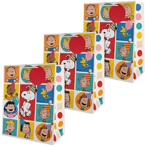 Hallmark Large Gift Bags, Snoopy & Gang, Peanuts Comics, Birthday, 3-Pack | Size 33 x 26.5 x 14.6cm, Woodstock, Charlie Brown, Lisa, Linus, White Cord Handles, Red Gift Tags