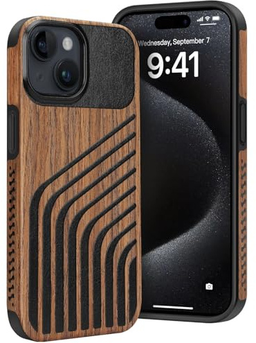 Dolstrap Robust Handyhülle Kompatibel mit iPhone 15 Hülle, (Naturholz & Leder & Kohlefaser-Hybrid) Dünnes iPhone Hülle, Akkord