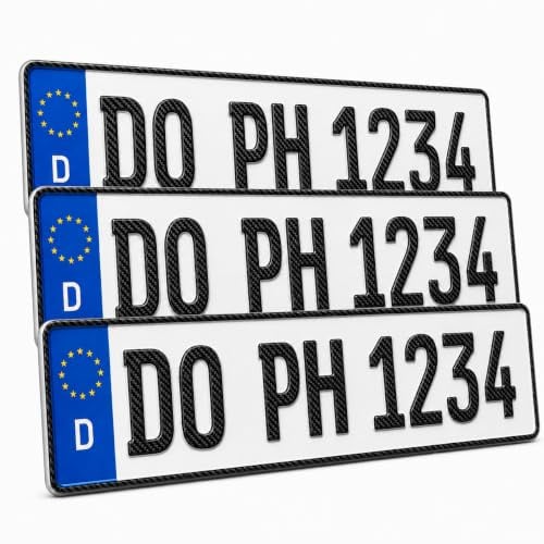 PLATEHOLDER® Kfz Kennzeichen | Carbon | nach DIN 74069 520x112mm 3 Stück | Wunschkennzeichen aus Aluminium für Auto, Fahrradträger und Anhänger, bis zu 8 Zeichen individuell geprägt