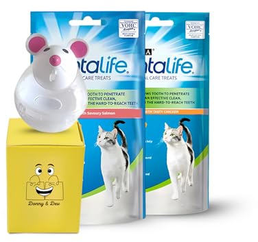 Cat Dental Treats Bundle Which Includes: 2x Purina Dentalife Cat Treats Biscuits | Tasty Chicken & Savoury Salmon Flavour | 1x each (40g) | Bundled with 1x Donny & Dev Dispenser Toy for Cats
