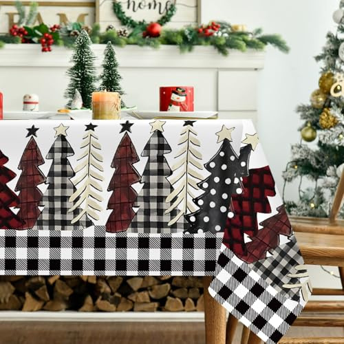 Tovaglia Natalizia Bianca 6 Posti 180x140cm, Poliestere Natale Tovaglia Antimacchia, Sottopiatti Natale Stampata Con Fiocchi Di Neve e Pini, Decorazioni Natalizie Per La Casa Centro Tavola Natalizio