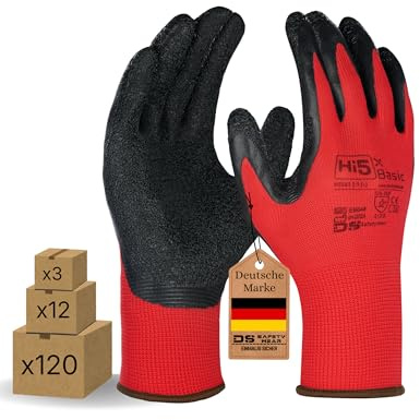 Hi5 DS SafetyWear X-Basic Arbeitshandschuhe – 15G Polyester – Latex geknittert beschichtet – EN 388:3131X – hoher Grip & Fingerfertigkeit – rot/schwarz (XL, 120, stück)