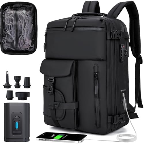 H.yeed Vacuum Backpack Travel Bag with Pump, Expandable 60L Travel Rucksack with USB/Type-C Charging Port&TSA Lock, Waterproof Lightweight Business Laptop Backpack, Fits 17.3 Inch Laptop-Black, M4