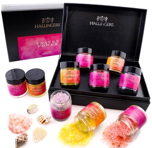 Hallingers Frauen-Power - 5er Badesalz-Geschenk-Set mit Totes Meer-Salzen (Set) - Geschenk im Sommer & als perfektes Grillgeschenk | Glückwunsch Glückwünsche Neues Zuhause