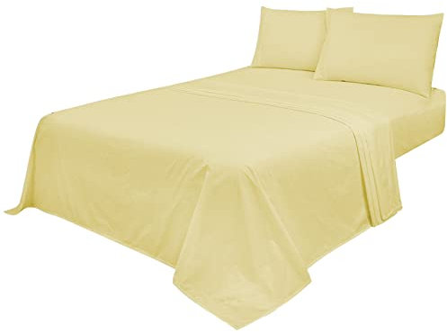 Voice7 Non Iron Lemon 4pc Sheets Set (Fitted Sheet + Flat Sheet + Pillow Cases Pair) Percale Super Poly Cotton Bedding Sets (Lemon, king)