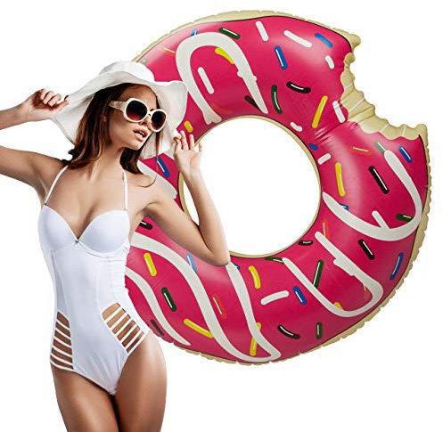 Relaxdays Donut Schwimmring, XL Schwimmreifen für Pool & Strand, angebissener Pool Donut, lustiges Wasserspielzeug, pink
