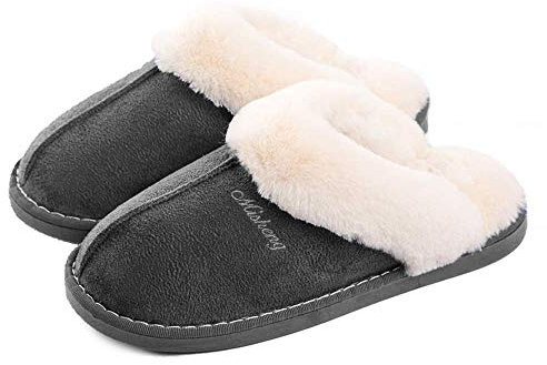 Misolin Damen Herren Hausschuhe Winter Warme Faux Pelz Slippers Weiche Flache Plüsch Pantoffeln Rutschfeste Outdoor/Indoor - mit super Qualität, Grau, 38.5/40 EU, M, 280