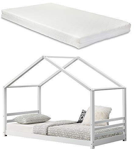 [en.casa] Kinderbett Vardø mit Lattenrost, Gitter und Matratze 90x200cm Hausbett Holz Weiß Bettenhaus Bett Jugendbett
