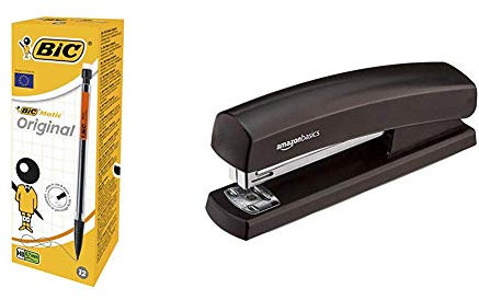 BIC Matic Original Porte-Mines - 0,7 mm HB, Boîte de 12 & Amazon Basics Agrafeuse avec 1000 agrafes Noir