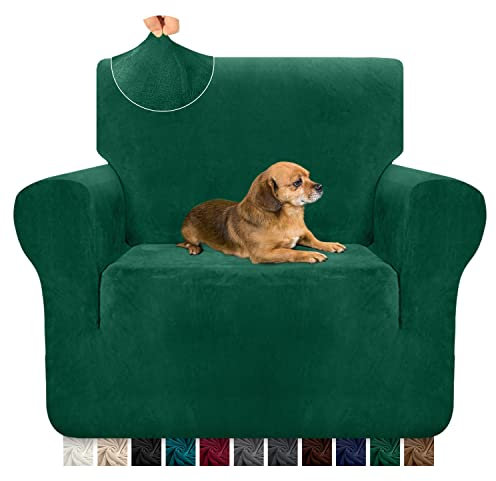 Granbest 1-teilige luxuriöse superweiche Plüsch-Couchbezug für Sessel Samtstuhlbezug hohe Stretch Sofabezug Möbelschutz für Wohnzimmer Anti-Rutsch-Sesselbezug (1 Sitzer,Dunkelgrün)