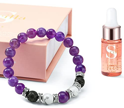 Anxiety Bracelet for Women- Amethyst Crystal Bracelet Aromatherapy Diffuser and Lavender Essential Oils Gift Set- Lava Rocks, Crystal Sleep Oil Diffusers Gifts for Women