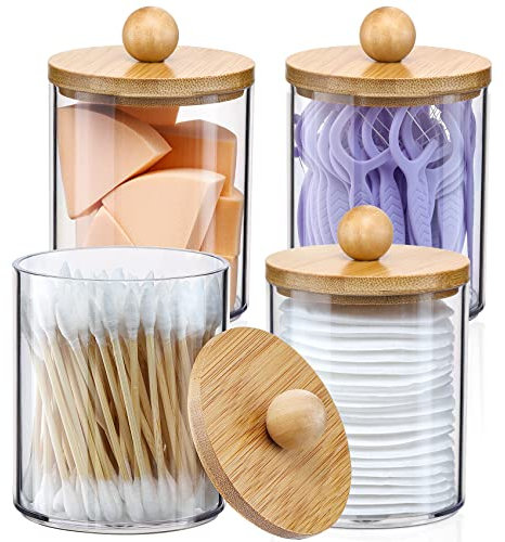 Qtip Spender mit Bambusdeckel, transparent, Kunststoff, Apotheker-Behälter für Schminktisch, Make-up, Organizer, Aufbewahrung, Badezimmer-Zubehör-Set für Wattestäbchen, Ball, Pads, Zahnseide, 4 Stück