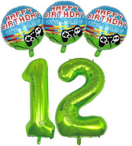 DIWULI Gamer Deko Geburtstag 12 Jahre - Zocker Geschenk Ballons, Geburtstagsdeko Jungen, Happy Birthday Deko Luftballon 12 Geburtstag Grün Party, Folienballon Geburtstag Deko Zahl 12 Jahre Dekoration