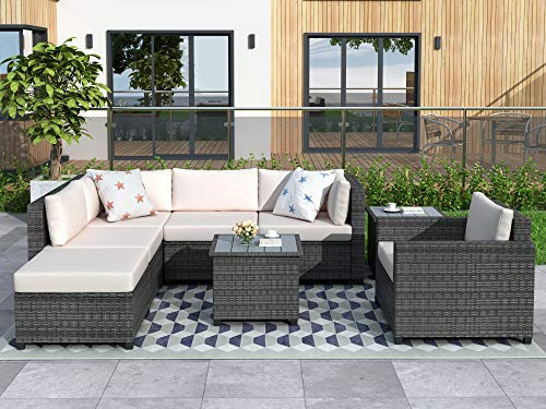 8 Pieces Outdoor Patio Furniture Set, PE Rattan Wicker Sectional Seating Group with Cushions and Coffee Table, Conversation Sofa Set (Beige+S^)