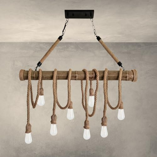 MAKA Lampadario Vintage Retro in Corda di Bambù con 8 Teste a Sospensione, Lampadario Corda Canapa Industriale 40W E27 per Cucina Soggiorno Sala da Pranzo Bar Caffè Ristorante Pizzeria Locale
