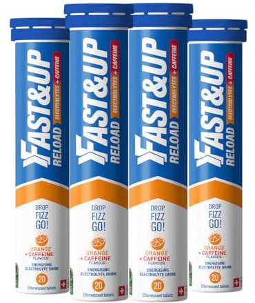 Fast&Up Reload Electrolyte Tablets, Orange + Caffeine Flavour, 80 Effervescent Tablets, Rapid Hydration & Energy, with Vitamin C & B12, Vegan