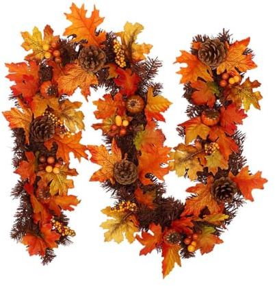 Artificial Maple Leaves Garland, 5.9 Ft/1.8m Artificial Autumn Garland With Pumpkins Pine Cones Hanging Vine Wreath For Halloween Christmas Front Door Fireplace Decor