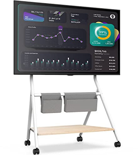 FITUEYES Design Mobiler TV Ständer Rollbar, TV Stand für 55 60 65 70 75 78 Zoll TV bis 45kg, Höhenverstellbar TV Standfuss mit Metallstruktur & Holzablage, Für Geschäft Büro Schule, Collector Serie