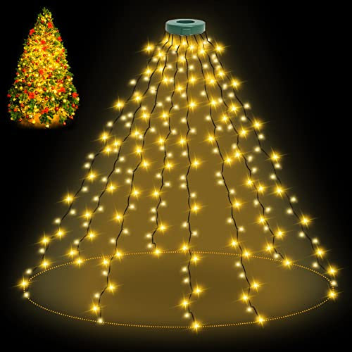 BOLWEO Christbaumbeleuchtung mit Ring 2m 280LED mit 8 Girlanden Weihnachtsbaum Lichterkette mit 8 Modi,IP44 Wasserdicht,Memory and Timing Funktion für Weihnachtsbaumschmuck-Warmweiß