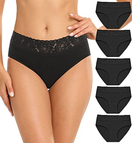 Wealurre Damen Unterhosen Spitze Slip Baumwolle Hipster Damen Höschen Unterwäsche Frauen im 5er Pack (6004 Black,S)