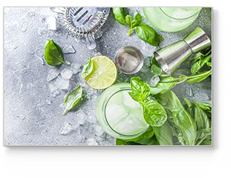 DEQORI Schneidebrett aus Glas | groß 30x20 cm | Motiv Cocktail: Gin Basil Smash | Design Schneideplatte für Küche | Frühstücksbrett antibakteriell & rutschfest | Glasplatte & Servierplatte
