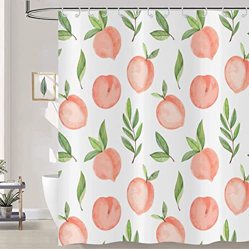 Duschvorhang Rosa Pfirsich 180x200, Hnmdmyi Allover Früchte Grünes Blatt Duschvorhänge Niedliche Helle Bunte Badewanne Vorhang Wasserdicht Polyester Stoff Waschbar Badevorhang für Badezimmer mit Haken
