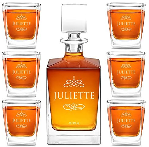 Maverton Carafe et Verres à whisky avec gravure Idee Cadeau Femme - 810ml Carafe Whisky + 6 Verre a Whisky 250 ml - Service personnalisé pour elle - Cadeau Anniversaire Femme - Verre a rhum - Prénom