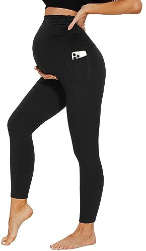DDOBB Damen Umstandsleggings mit Taschen High Waist Umstandshose Blickdichte Schwangerschaftsleggings Weich Elastisch Umstandsmode Zuhause Yoga Sport(schwarz, L)