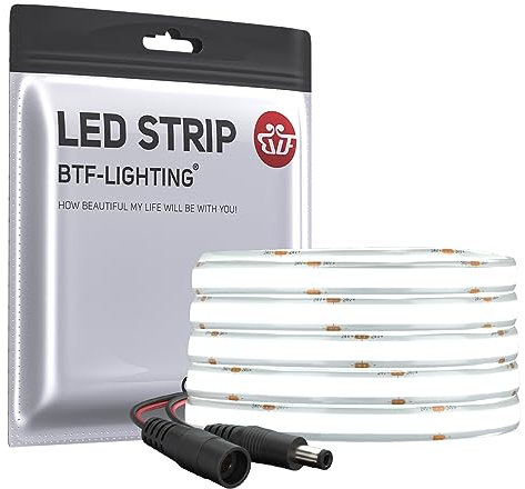 BTF-LIGHTING FCOB COB IP65 Striscia LED flessibile ad alta densità a luce uniforme 14W/m 5M DC24V Bianco diurno 6000K 2400LED CRI 90+ 8mm Nastro LED per decorazione (senza adattatore o controller)