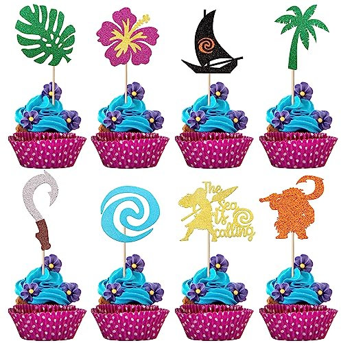 24 Pack Moana Cupcake Toppers Glitter Palm Leaf Moana Cupcake Picks The Sea is Calling Hawaiian Tropical Cake Decorations for Luau Summer Baby Shower Birthday Wedding Party Supplies