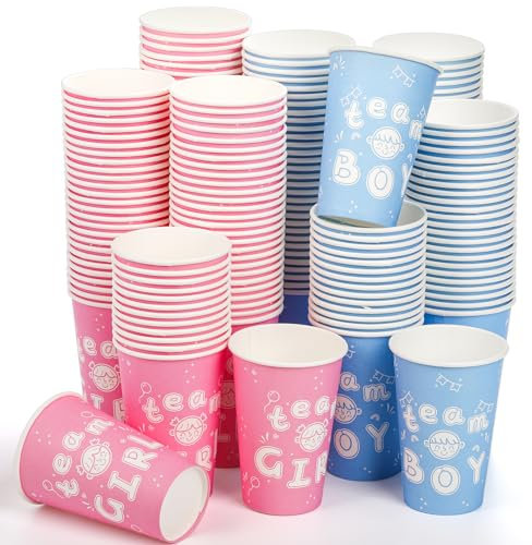 Jucoan 200 Pack 12 oz/350 ml Disposable Paper Cups, Paper Coffee Cups, Beverage Drinking Cups for Water, Juice, Tea, Coffee, Pink & Blue Paper Cups for Birthday Party, Picnic, School Events